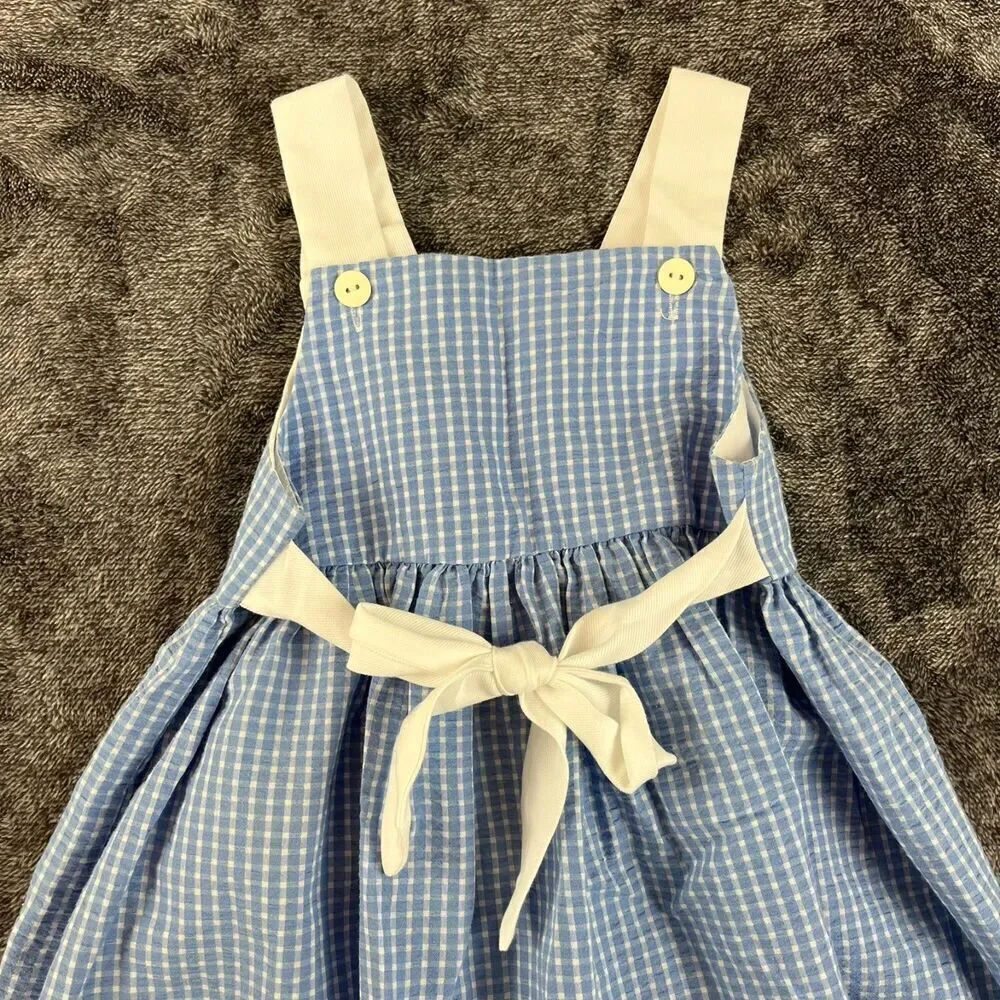 Vtg Little Bitty Gingham Blue Floral Embroidered Dress Sleeveless Girl 4 Tie